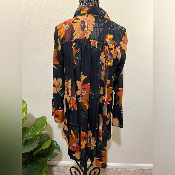 New Navy Tan Orange Bell Sleeve Ruffle Empire Waist Floral Dress Flower Retro - Picture 3 of 6